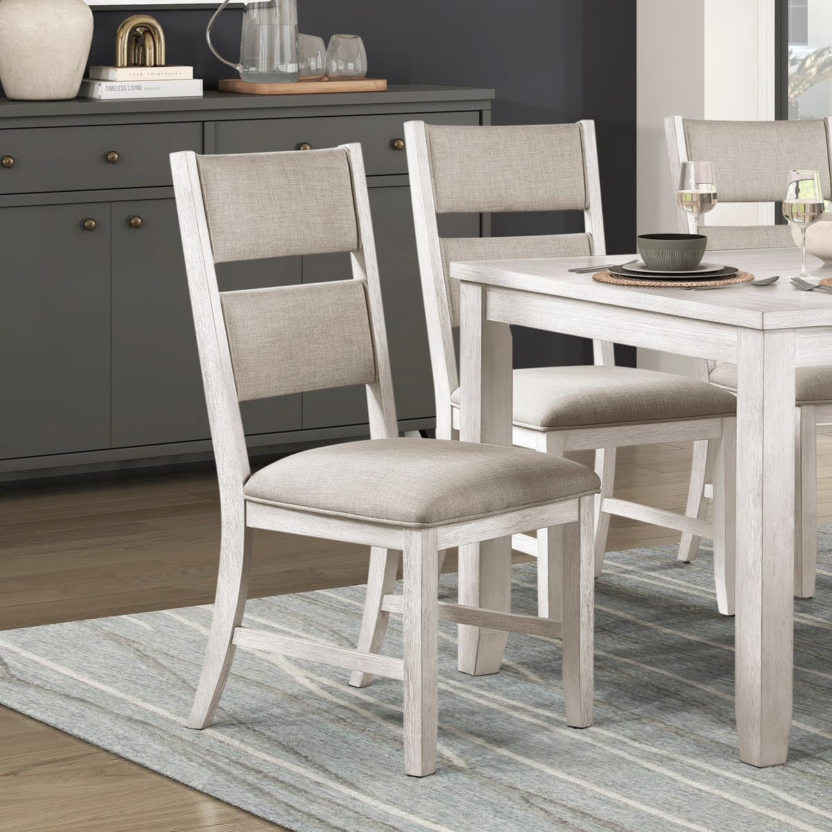 Modern Farmhouse Dining Side Chairs Set of 2 Antique White Finish Upholstered Seat Back Wooden Furniture