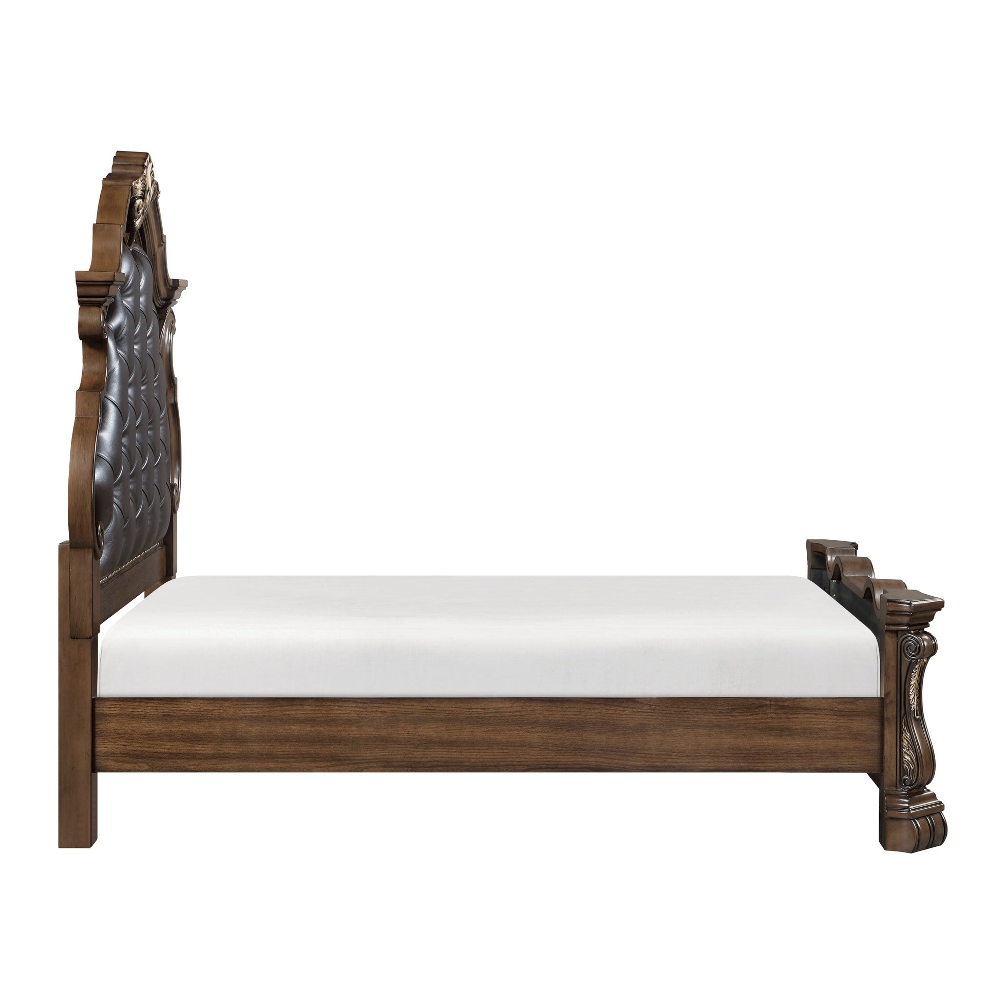 Formal Traditional Dark Brown Finish Luxury Queen Bed Tufted Headboard Intricate Carvings Gold Accent Detailing Bedroom Furniture 1pc