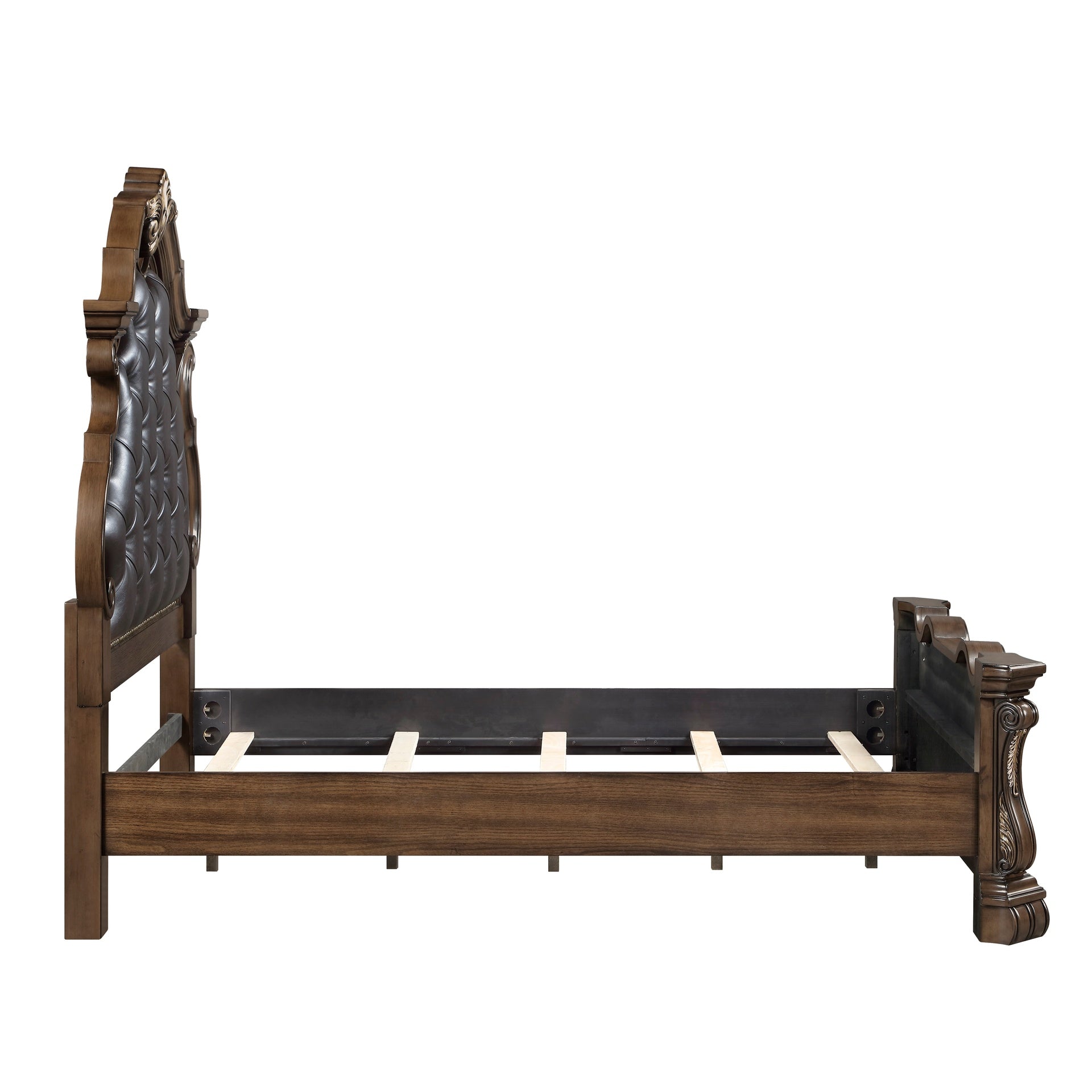 Formal Traditional Dark Brown Finish Luxury Queen Bed Tufted Headboard Intricate Carvings Gold Accent Detailing Bedroom Furniture 1pc