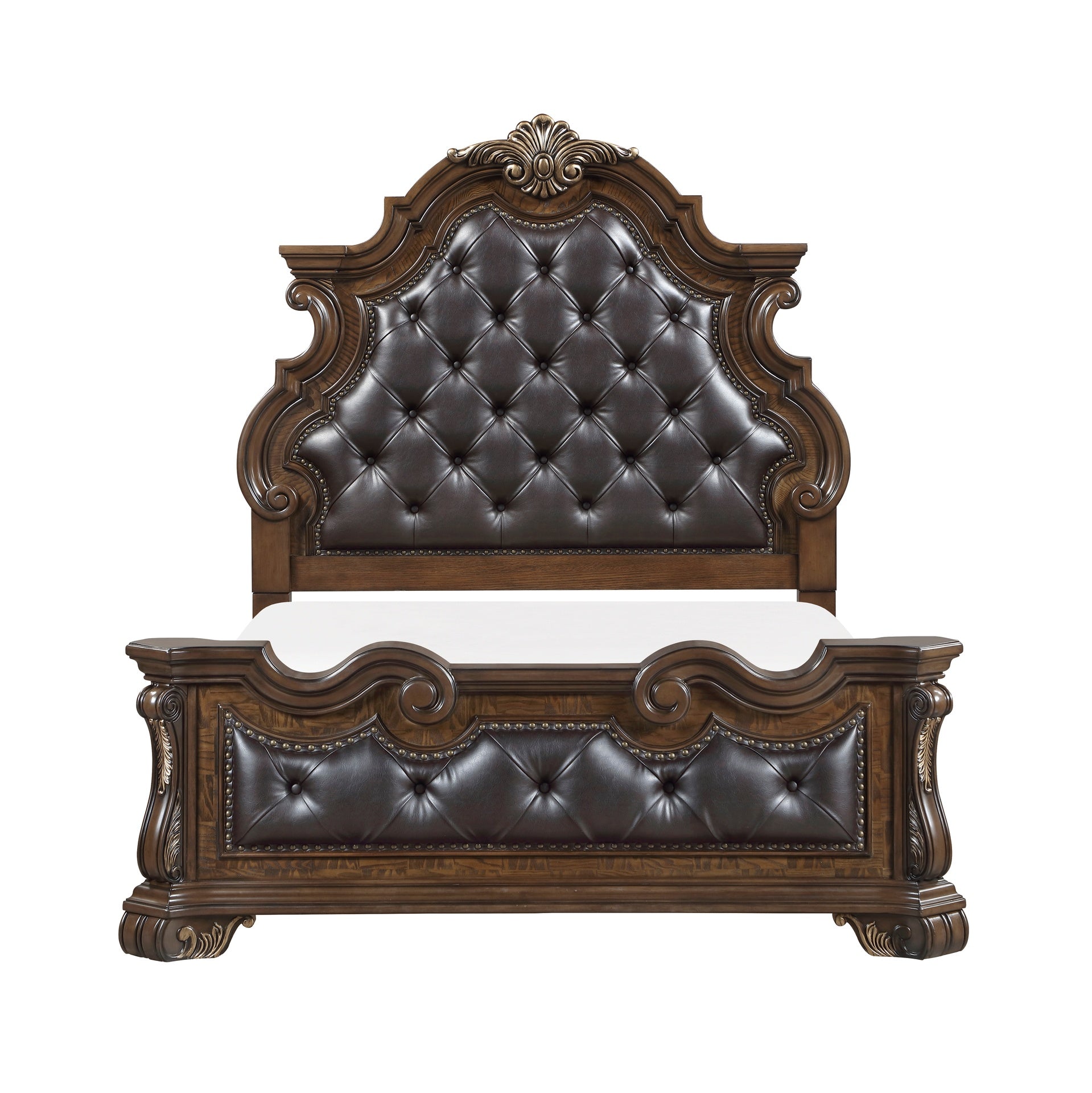 Formal Traditional Dark Brown Finish Luxury Queen Bed Tufted Headboard Intricate Carvings Gold Accent Detailing Bedroom Furniture 1pc