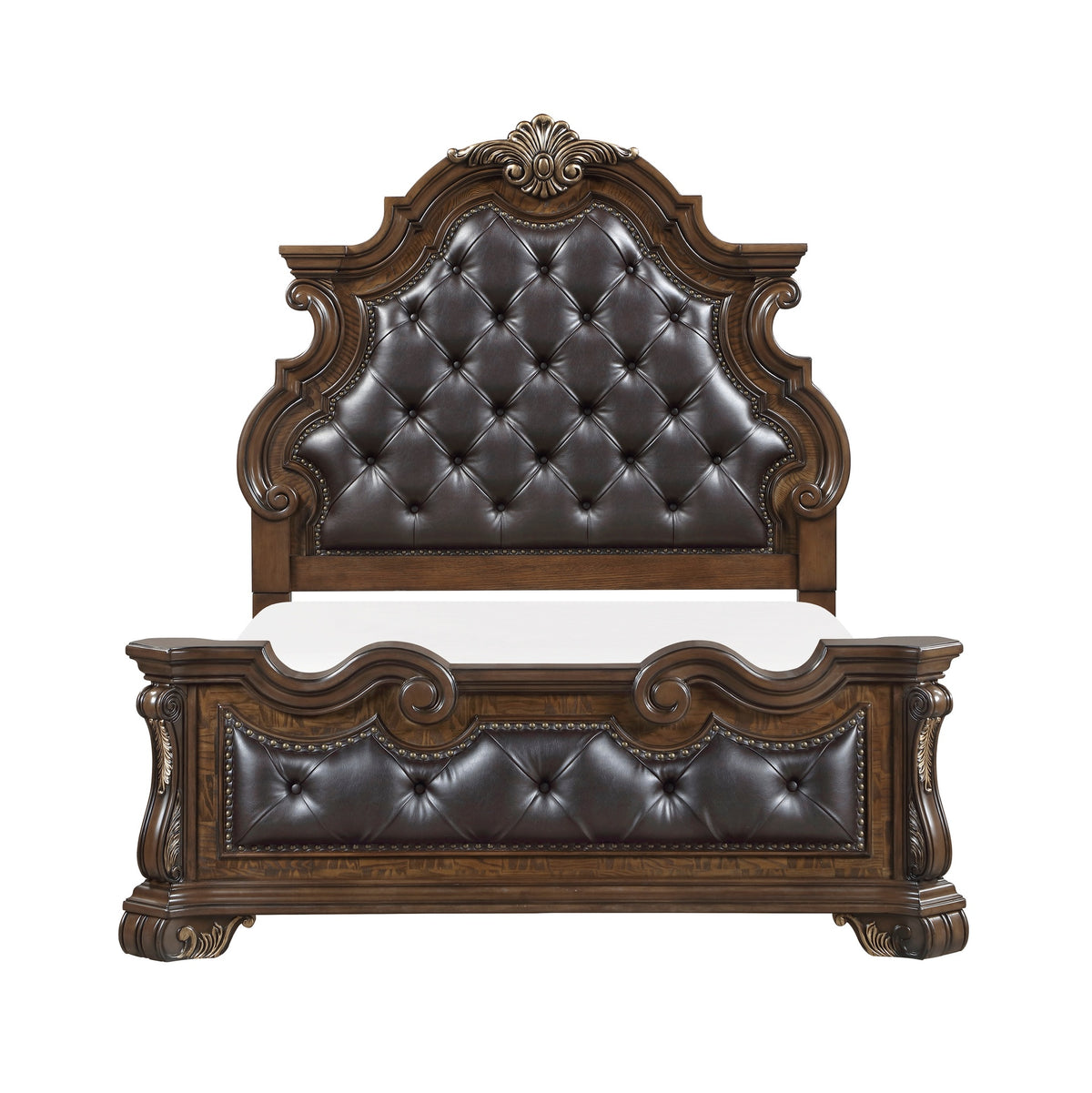 Formal Traditional Dark Brown Finish Luxury Queen Bed Tufted Headboard Intricate Carvings Gold Accent Detailing Bedroom Furniture 1pc
