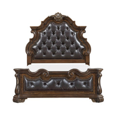 Formal Traditional Dark Brown Finish Luxury Queen Bed Tufted Headboard Intricate Carvings Gold Accent Detailing Bedroom Furniture 1pc