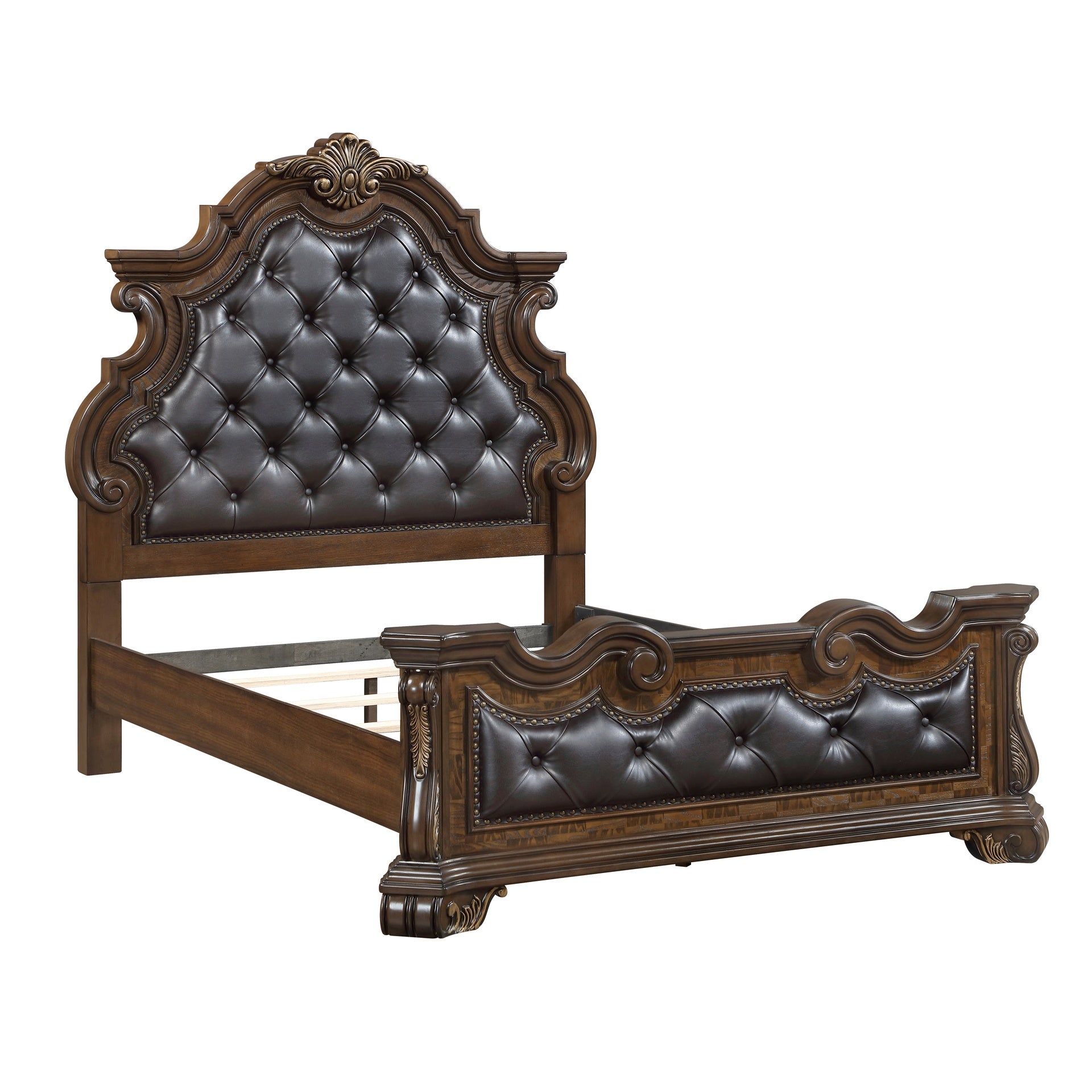 Formal Traditional Dark Brown Finish Luxury Queen Bed Tufted Headboard Intricate Carvings Gold Accent Detailing Bedroom Furniture 1pc