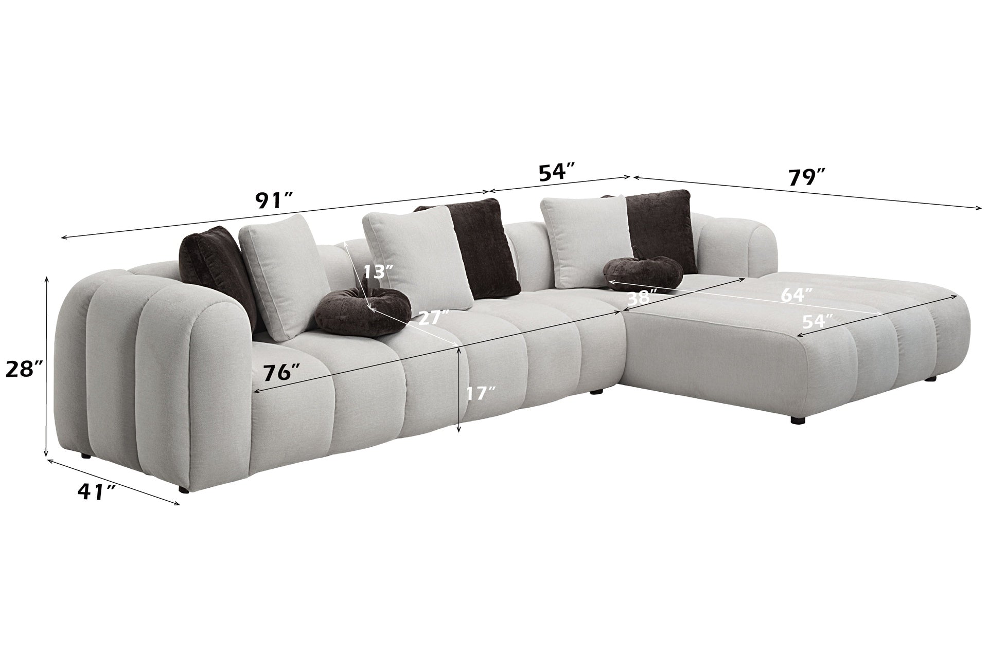 Manilla Ivory White Linen Sectional Sofa w/8 Pillows