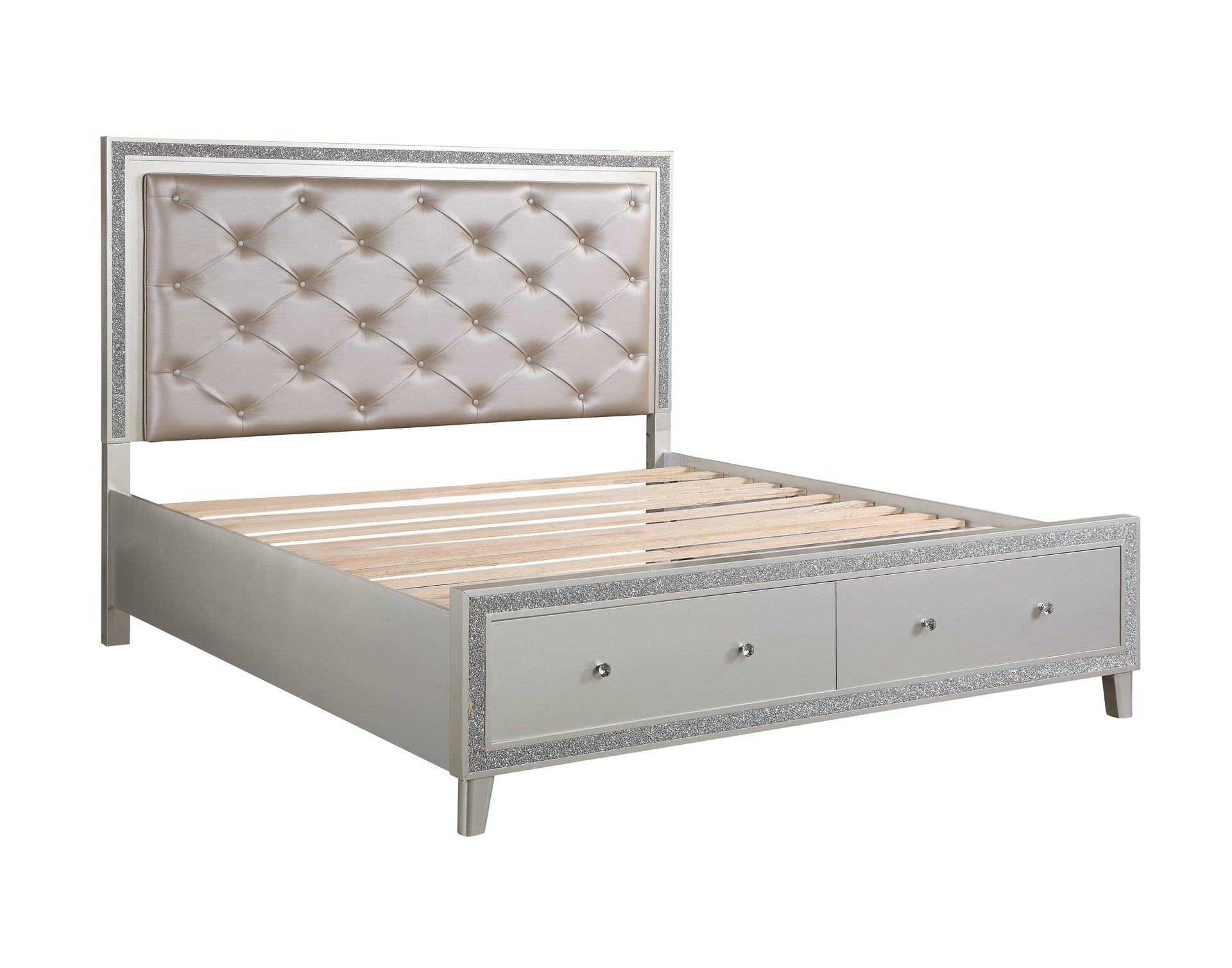 Sliverfluff Synthetic Leather & Champagne Finish CK Bed W/Led & Storages