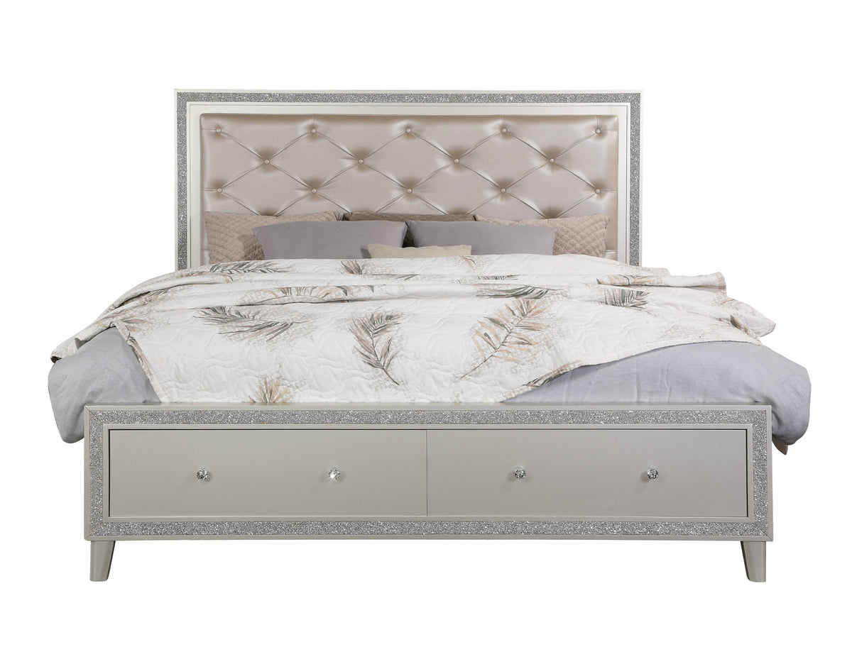 Sliverfluff Synthetic Leather & Champagne Finish CK Bed W/Led & Storages