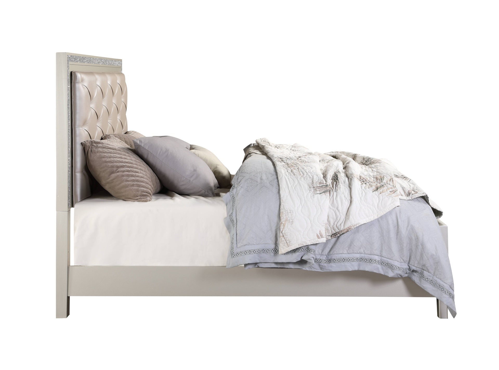 Sliverfluff Synthetic Leather & Champagne Finish CK Bed W/Led & Storages