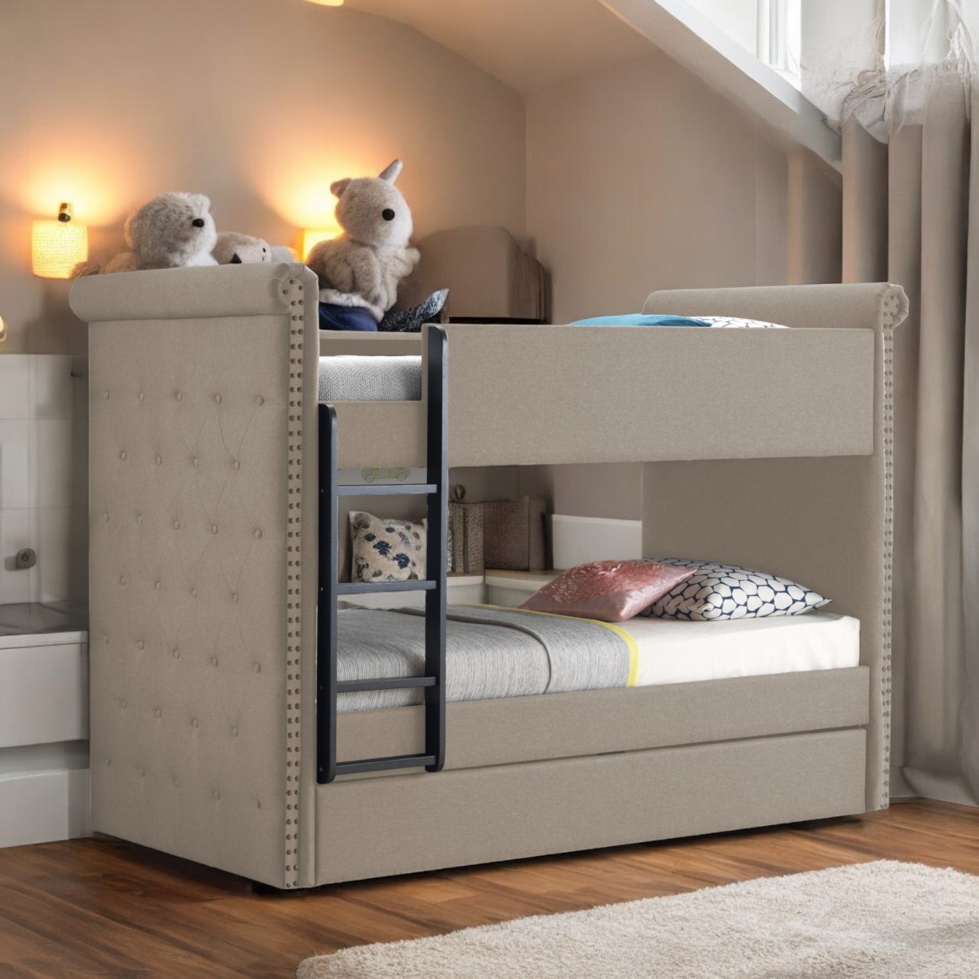 Romana II Beige Fabric Finish Twin/Twin Bunk Bed W/Trundle