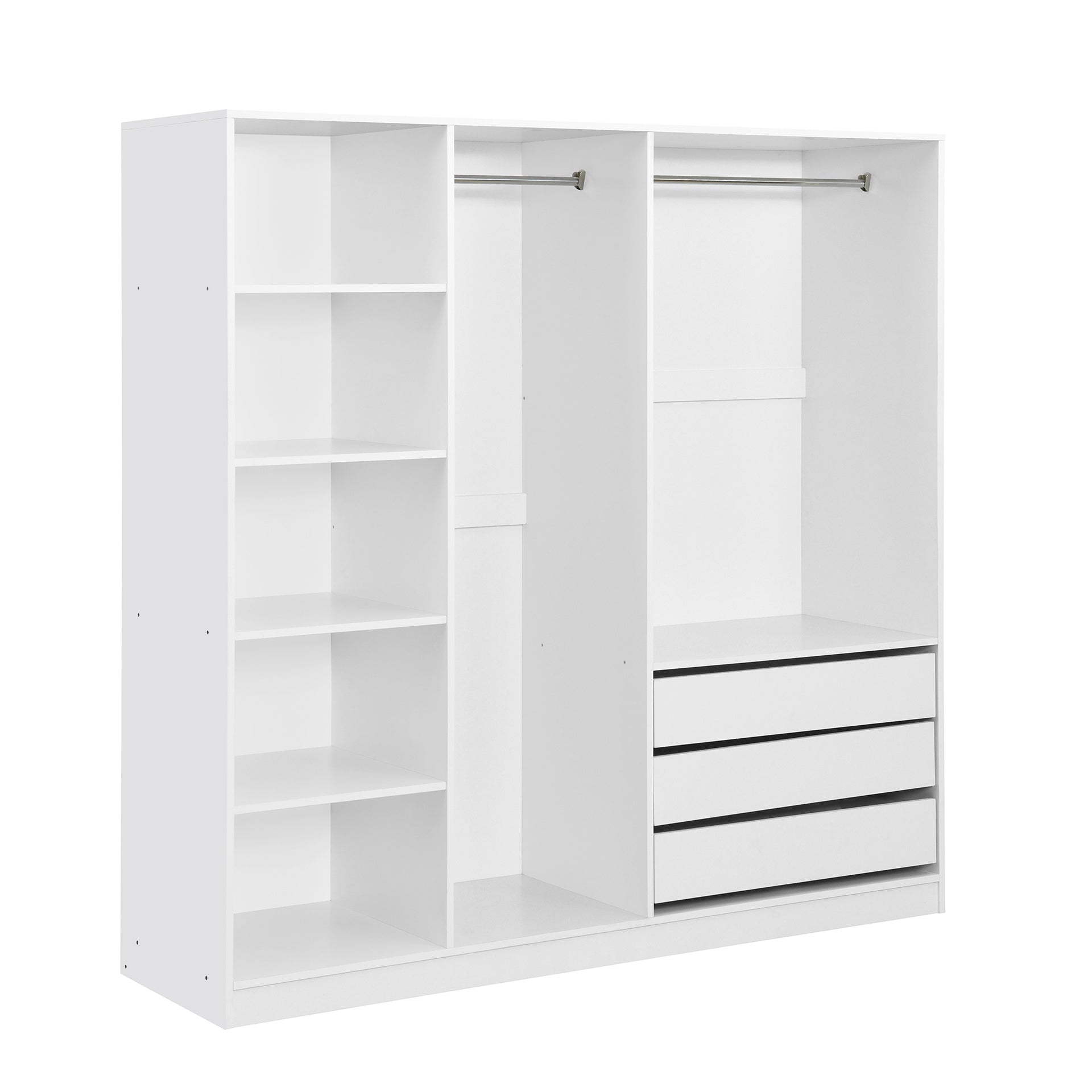 Doorless Wooden Storage Wardrobe for Dedroom with Shelves and 3 Drawers, White
