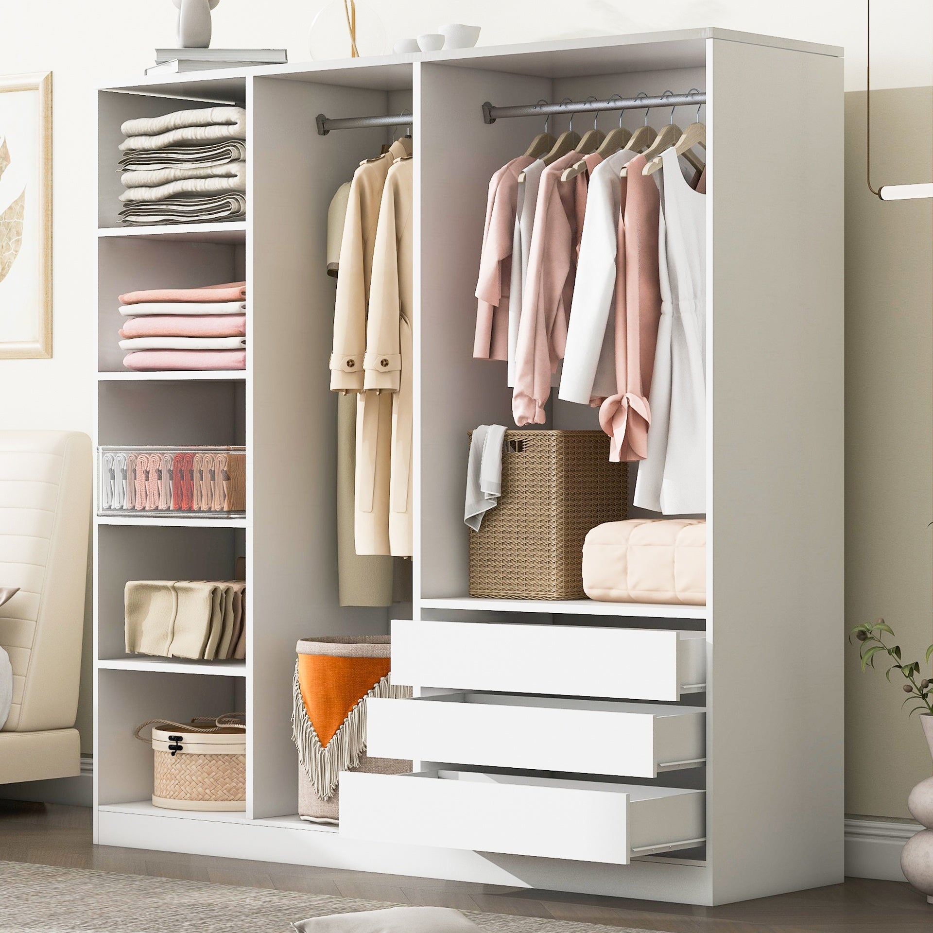 Doorless Wooden Storage Wardrobe for Dedroom with Shelves and 3 Drawers, White