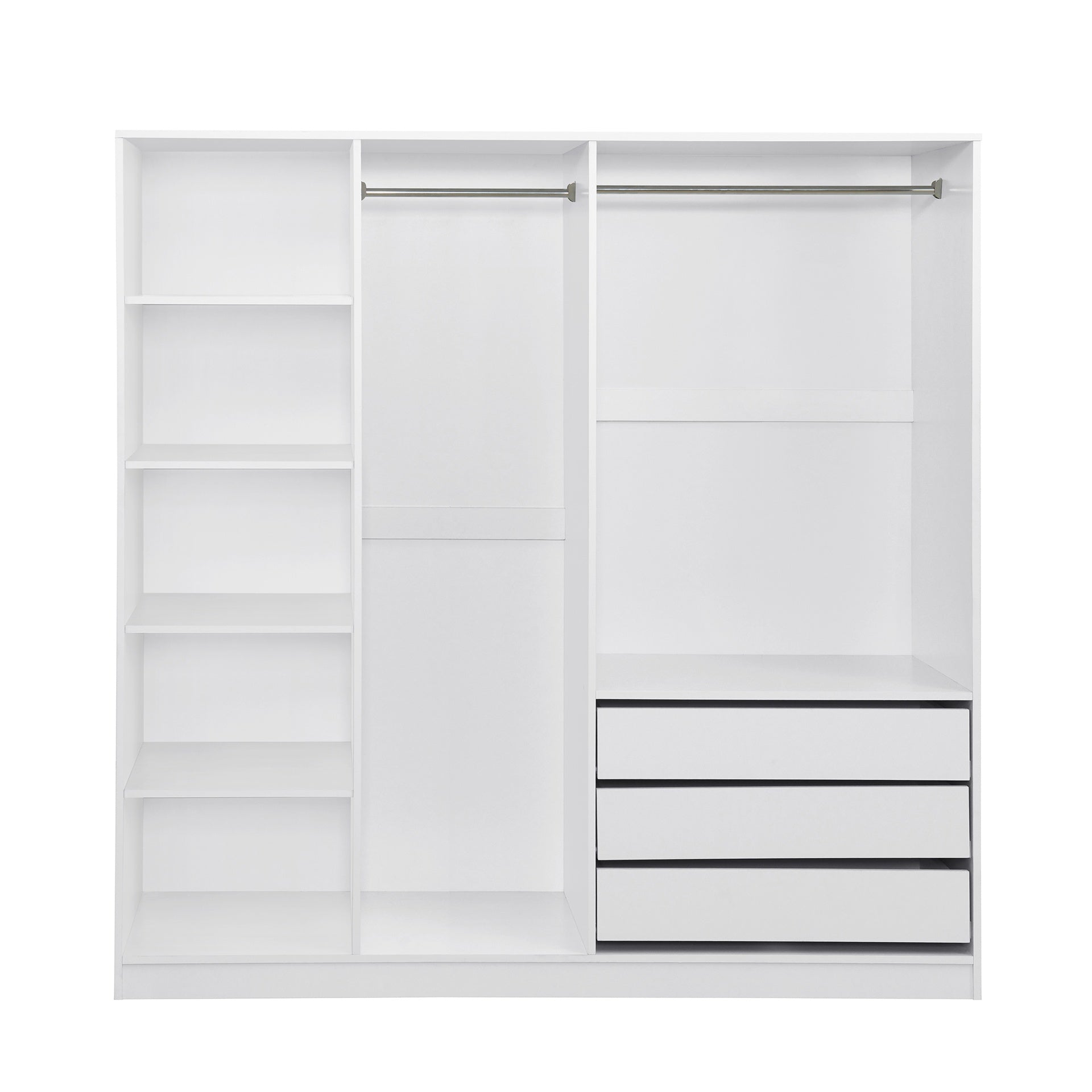 Doorless Wooden Storage Wardrobe for Dedroom with Shelves and 3 Drawers, White