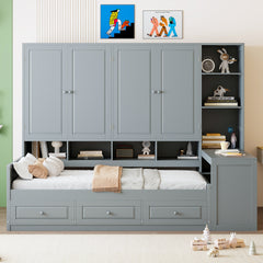 Twin Size Wooden Daybed With Three Drawers, and All-in-One Cabinet, Desk and Shelves, Gray