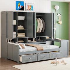Twin Size Wooden Daybed With Three Drawers, and All-in-One Cabinet, Desk and Shelves, Gray