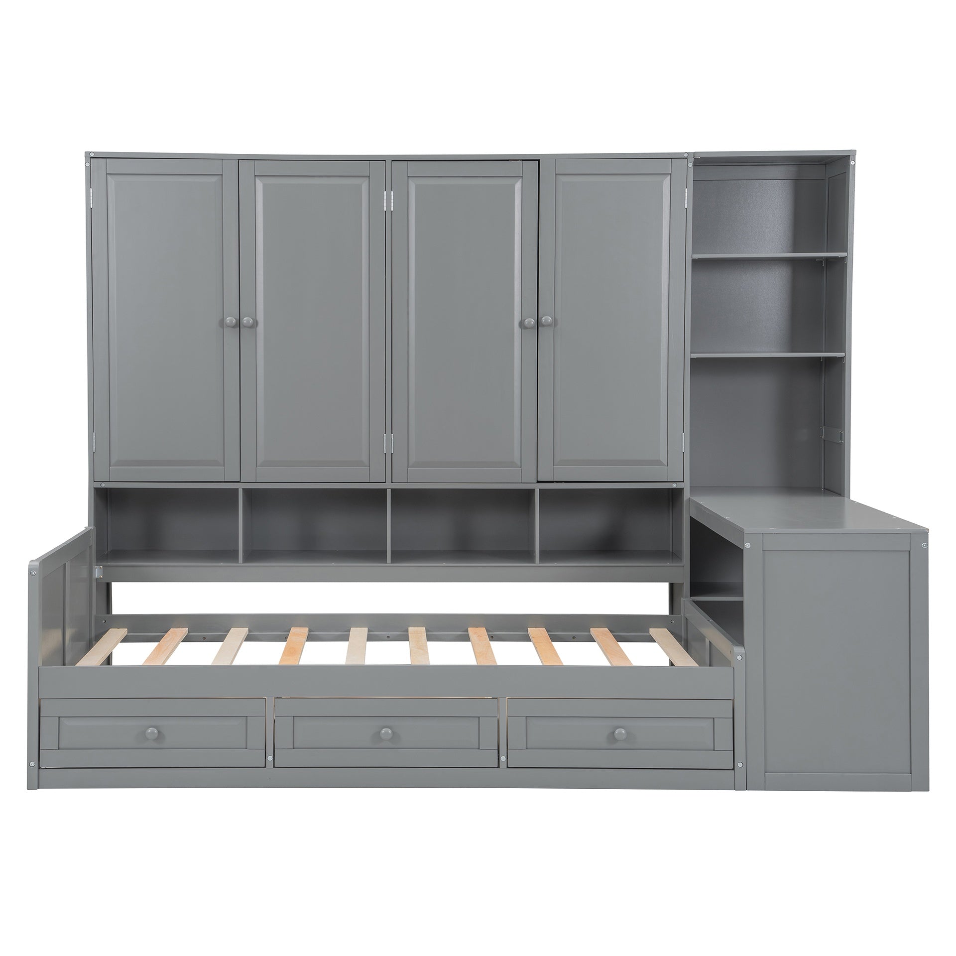 Twin Size Wooden Daybed With Three Drawers, and All-in-One Cabinet, Desk and Shelves, Gray