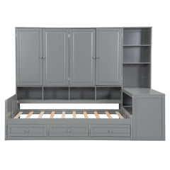 Twin Size Wooden Daybed With Three Drawers, and All-in-One Cabinet, Desk and Shelves, Gray
