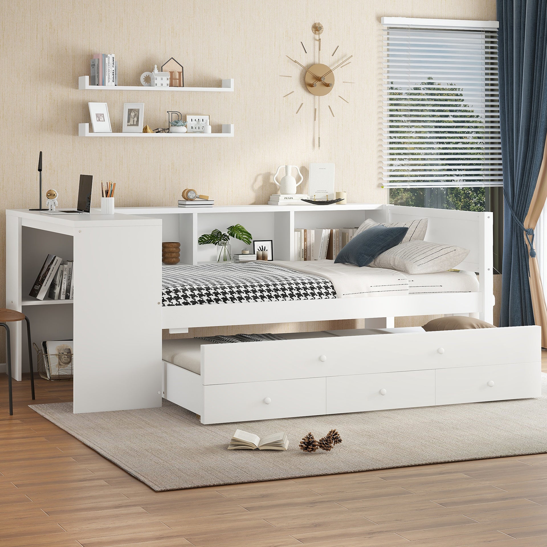 Twin Size Daybed with Trundle, Wood Day Bed Frame with Storage Drawers and Side Shelves, Daybed with Desk, No Spring Box Needed, White