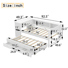 Twin Size Daybed with Trundle, Wood Day Bed Frame with Storage Drawers and Side Shelves, Daybed with Desk, No Spring Box Needed, White
