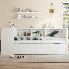 Twin Size Daybed with Trundle, Wood Day Bed Frame with Storage Drawers and Side Shelves, Daybed with Desk, No Spring Box Needed, White