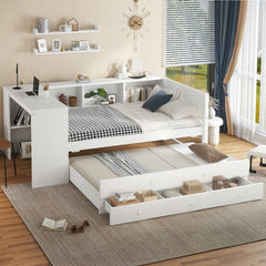 Twin Size Daybed with Trundle, Wood Day Bed Frame with Storage Drawers and Side Shelves, Daybed with Desk, No Spring Box Needed, White