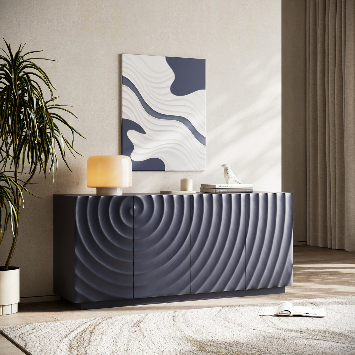 Buffet Cabinet with Storage ,4 Doors Modern Accent Storage Sideboard,Luxurious Floor Cabinet Buffet with Freestanding Anti Dumping for Kitchen, Living Room, 59" Wide Rectangular Sideboard (Navy Blue)