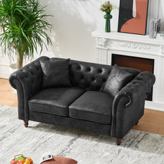 66"Chesterfield ‌tech Fabric Sofa,High-tech Fabric Roll Armrest Sofa,Upholstered Mid Century Modern Couch,2 Seater Couch for Living Room, Office, Apartment, Black