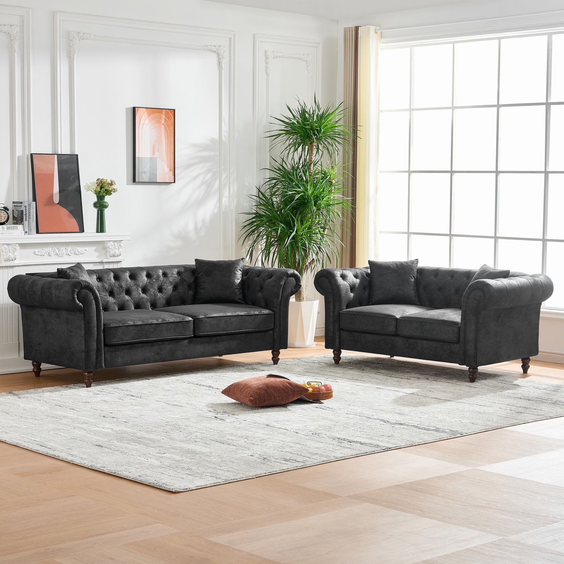 66"Chesterfield ‌tech Fabric Sofa,High-tech Fabric Roll Armrest Sofa,Upholstered Mid Century Modern Couch,2 Seater Couch for Living Room, Office, Apartment, Black