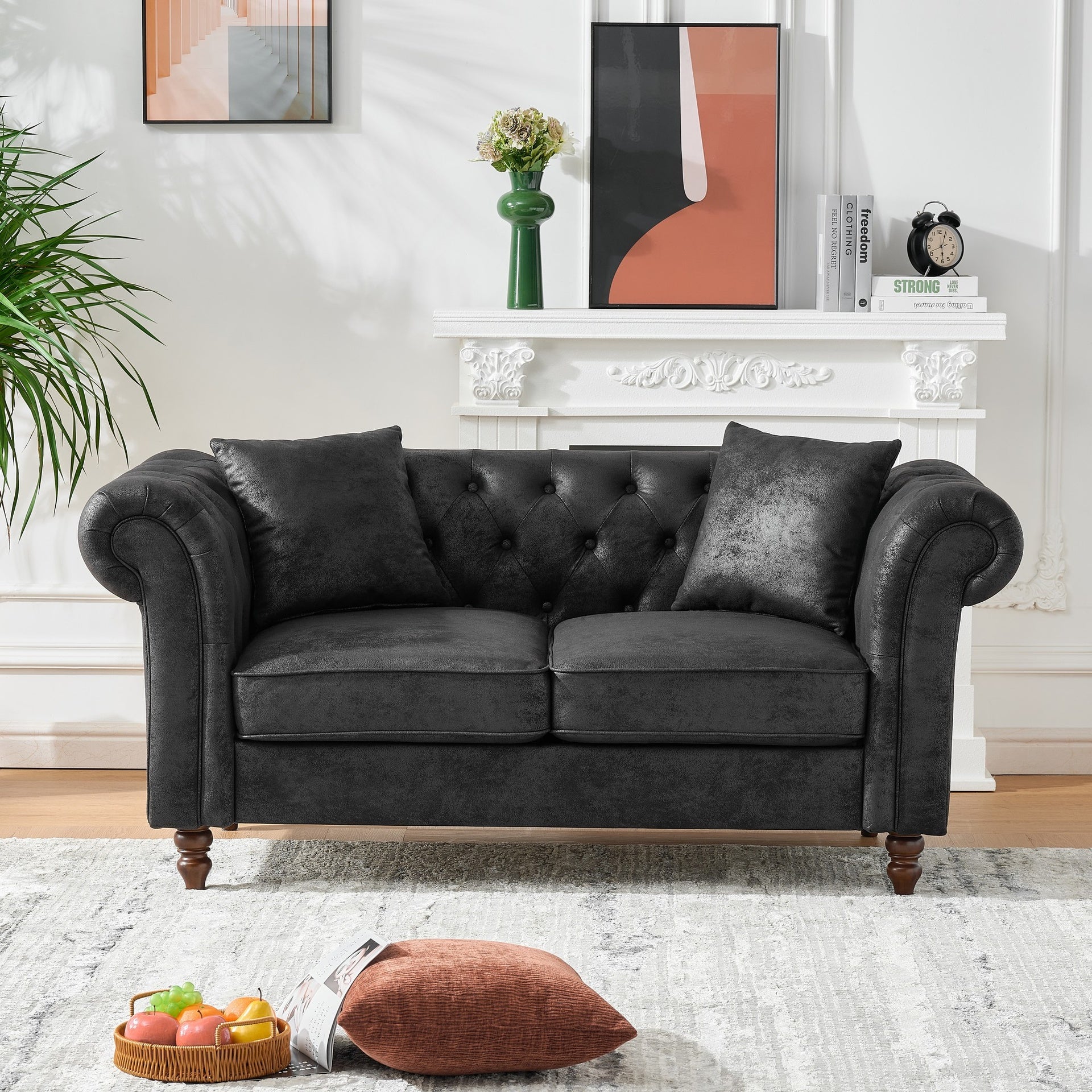 3+2 Seater Sofa Set Chesterfield ‌tech Fabric Sofa,High-tech Fabric Roll Armrest Sofa,Upholstered Mid Century Modern Couch,3 Seat+2 Seat Combo Couch for Living Room, Office, Apartment, Black