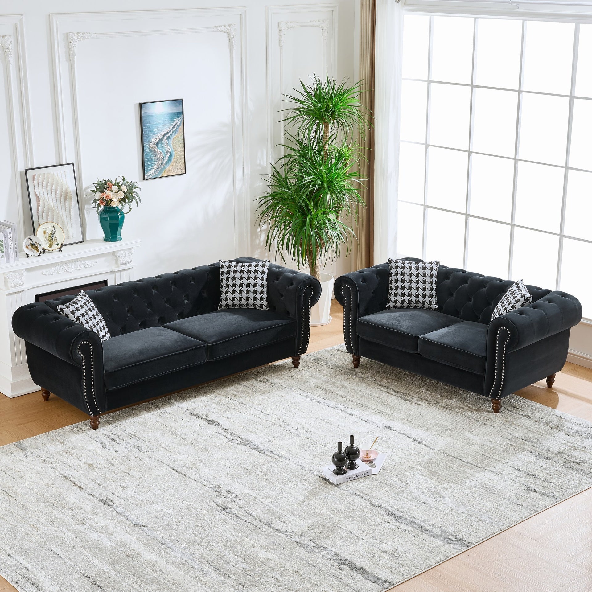 3+2 Seater Chesterfield ‌velvet upholstery fabric Sofa with Roll Armrest & Nailhead,Upholstered Mid Century Modern Couch,3 Seater & 2 Seater Couch for Living Room, Office, Apartment, Black