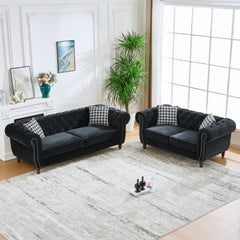 3+2 Seater Chesterfield ‌velvet upholstery fabric Sofa with Roll Armrest & Nailhead,Upholstered Mid Century Modern Couch,3 Seater & 2 Seater Couch for Living Room, Office, Apartment, Black