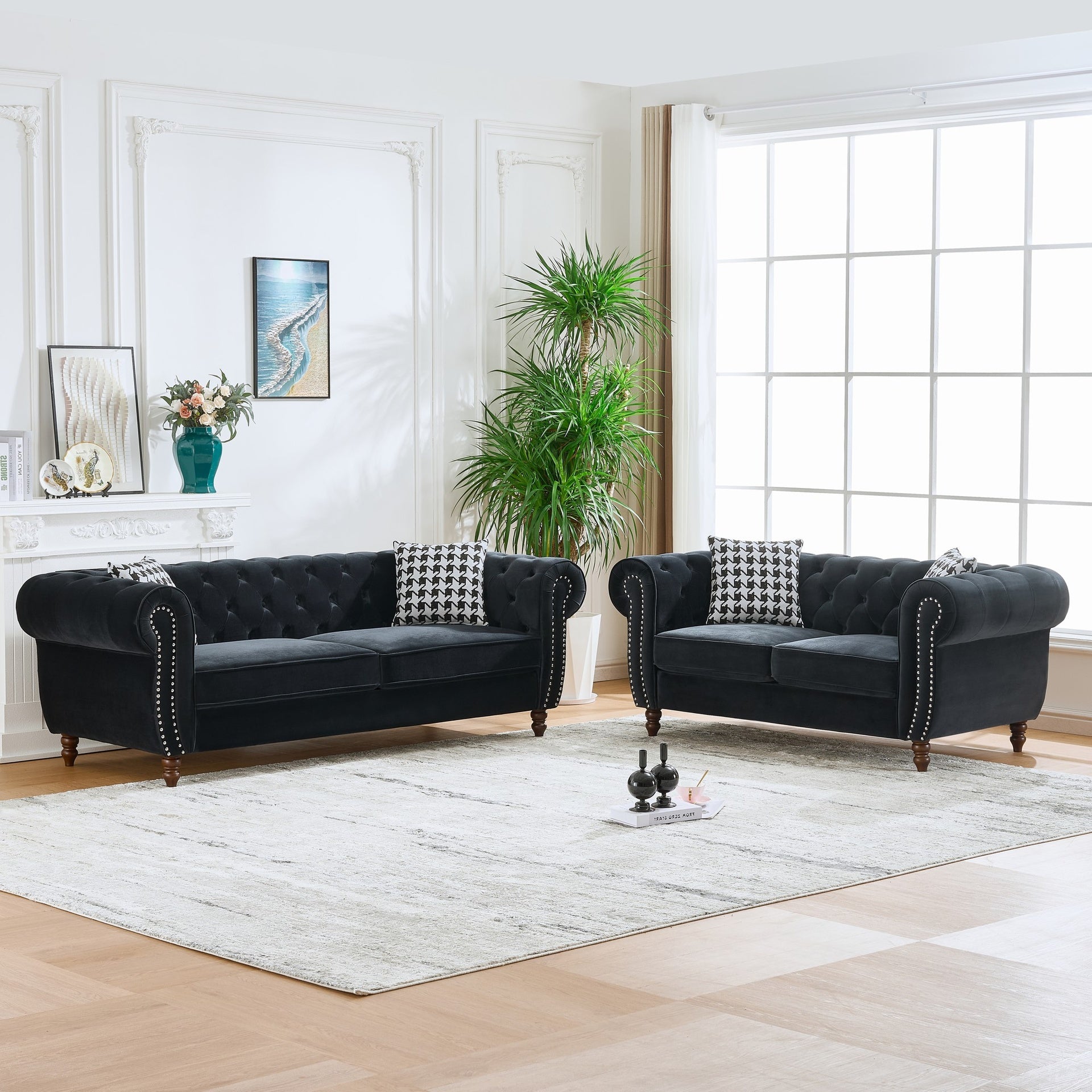3+2 Seater Chesterfield ‌velvet upholstery fabric Sofa with Roll Armrest & Nailhead,Upholstered Mid Century Modern Couch,3 Seater & 2 Seater Couch for Living Room, Office, Apartment, Black