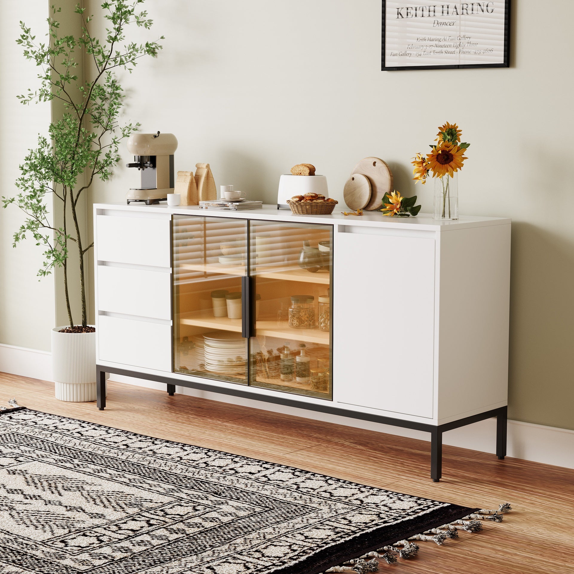 Buffet cabinet with storage, kitchen side panel storage room with doors and 3 drawers, pantry cabinet display rack, console, dining table manager furniture, living room dining room white