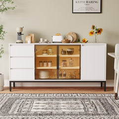 Buffet cabinet with storage, kitchen side panel storage room with doors and 3 drawers, pantry cabinet display rack, console, dining table manager furniture, living room dining room white