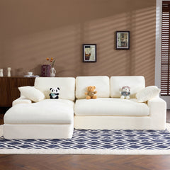 White corduroy compressed sofa. It has a soft and skin-friendly sitting feel, adding a healing atmosphere to the warm living room. It comes with 3 back cushions and 2 throw pillows.