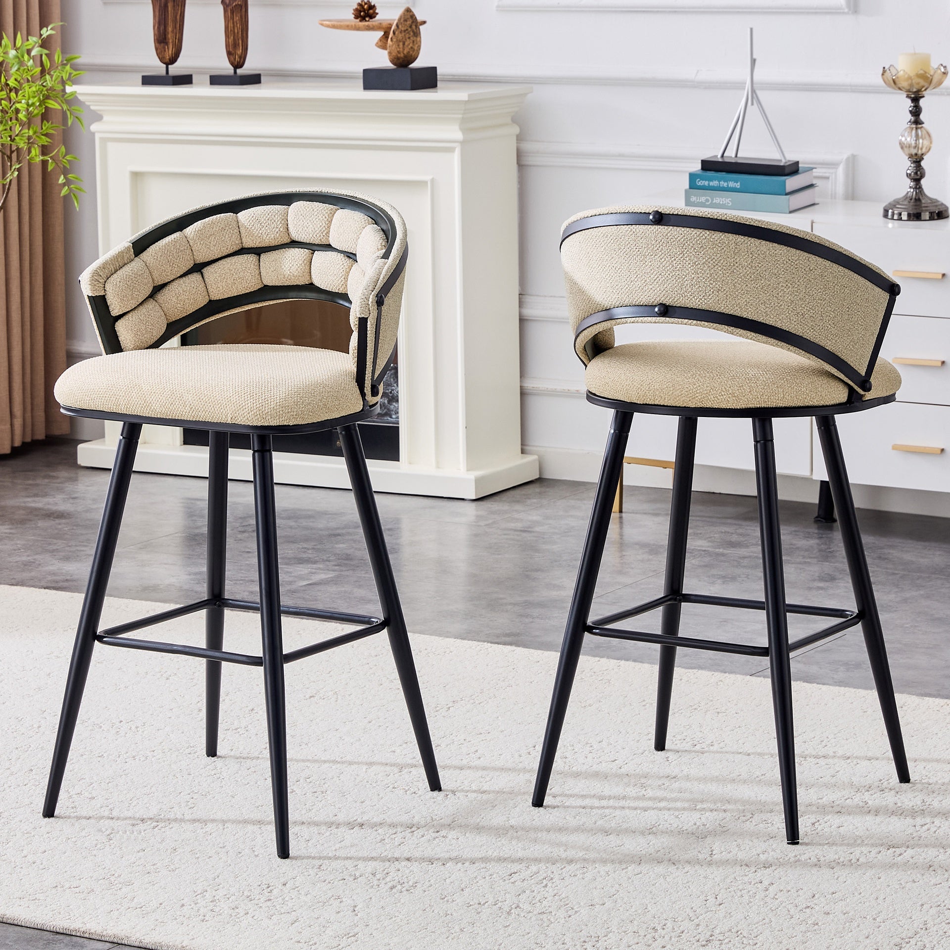 Set of 2 Beige Velvet Bar Stools with Black Iron Legs, Modern Kitchen Island Counter Height Stools