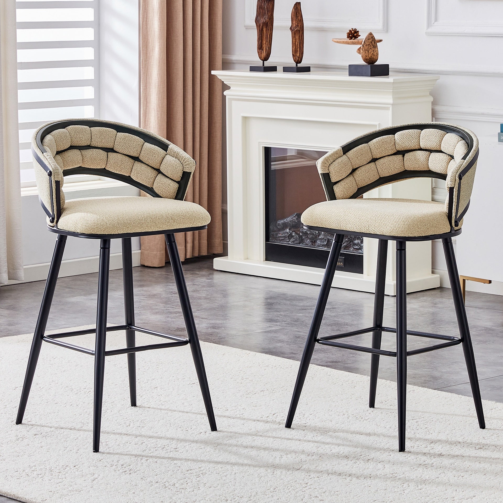 Set of 2 Beige Velvet Bar Stools with Black Iron Legs, Modern Kitchen Island Counter Height Stools
