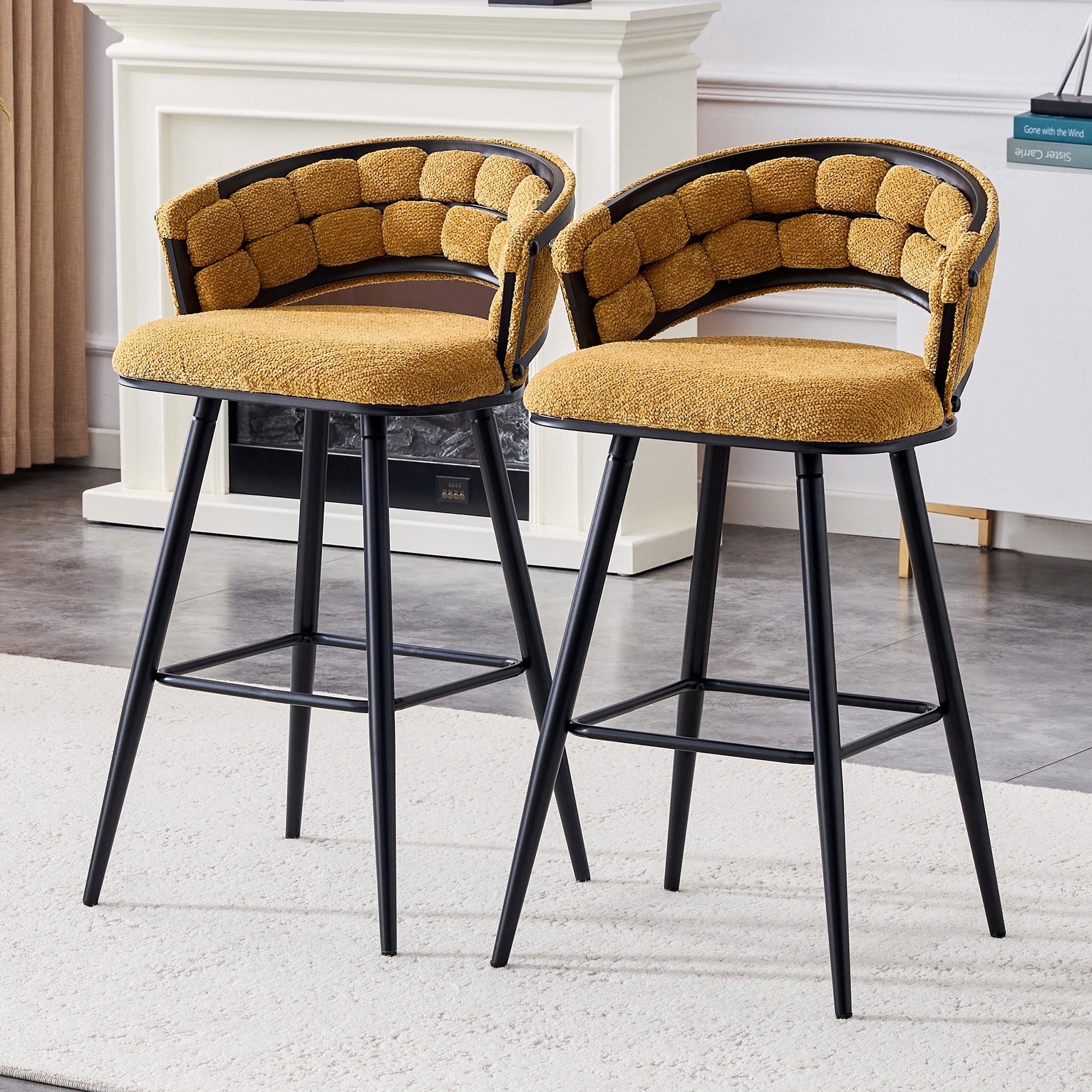 Set of 2 Yellow Velvet Bar Stools with Black Iron Legs, Modern Counter Height Stools for Home Bar