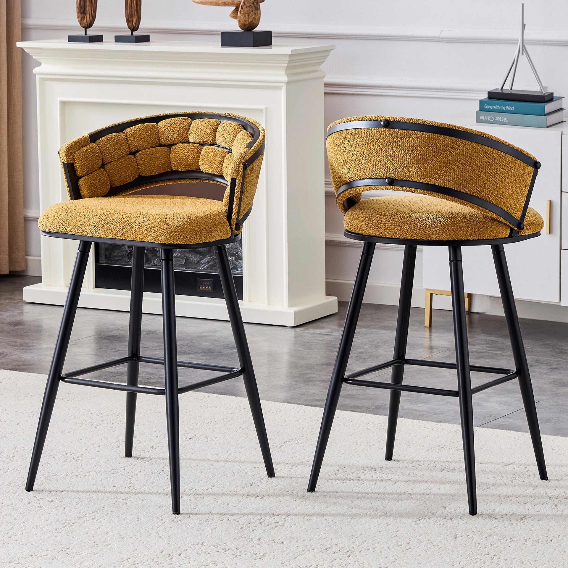 Set of 2 Yellow Velvet Bar Stools with Black Iron Legs, Modern Counter Height Stools for Home Bar
