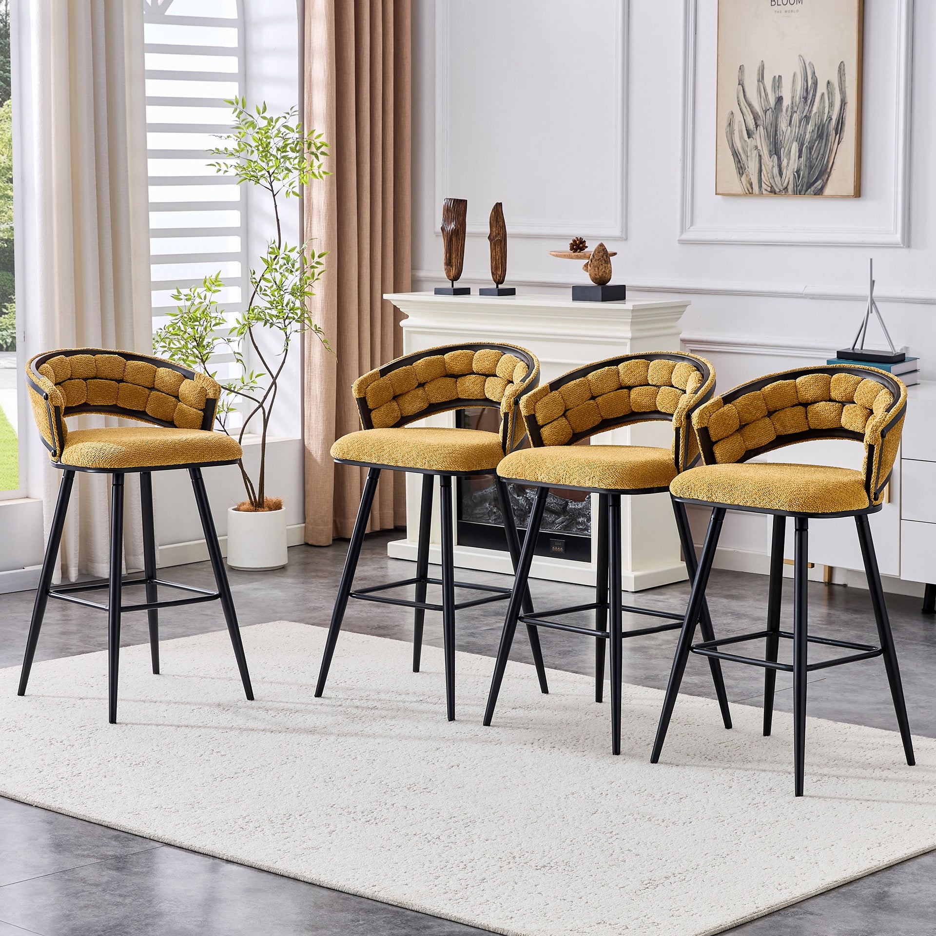 Set of 2 Yellow Velvet Bar Stools with Black Iron Legs, Modern Counter Height Stools for Home Bar