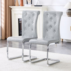 Set of 2,Retro alligator skin Upholstered dining chairs,with Crystal buckle design and Faux Leather design,a touch of elegance and mystery to the dining area,Electroplated metal bow leg
