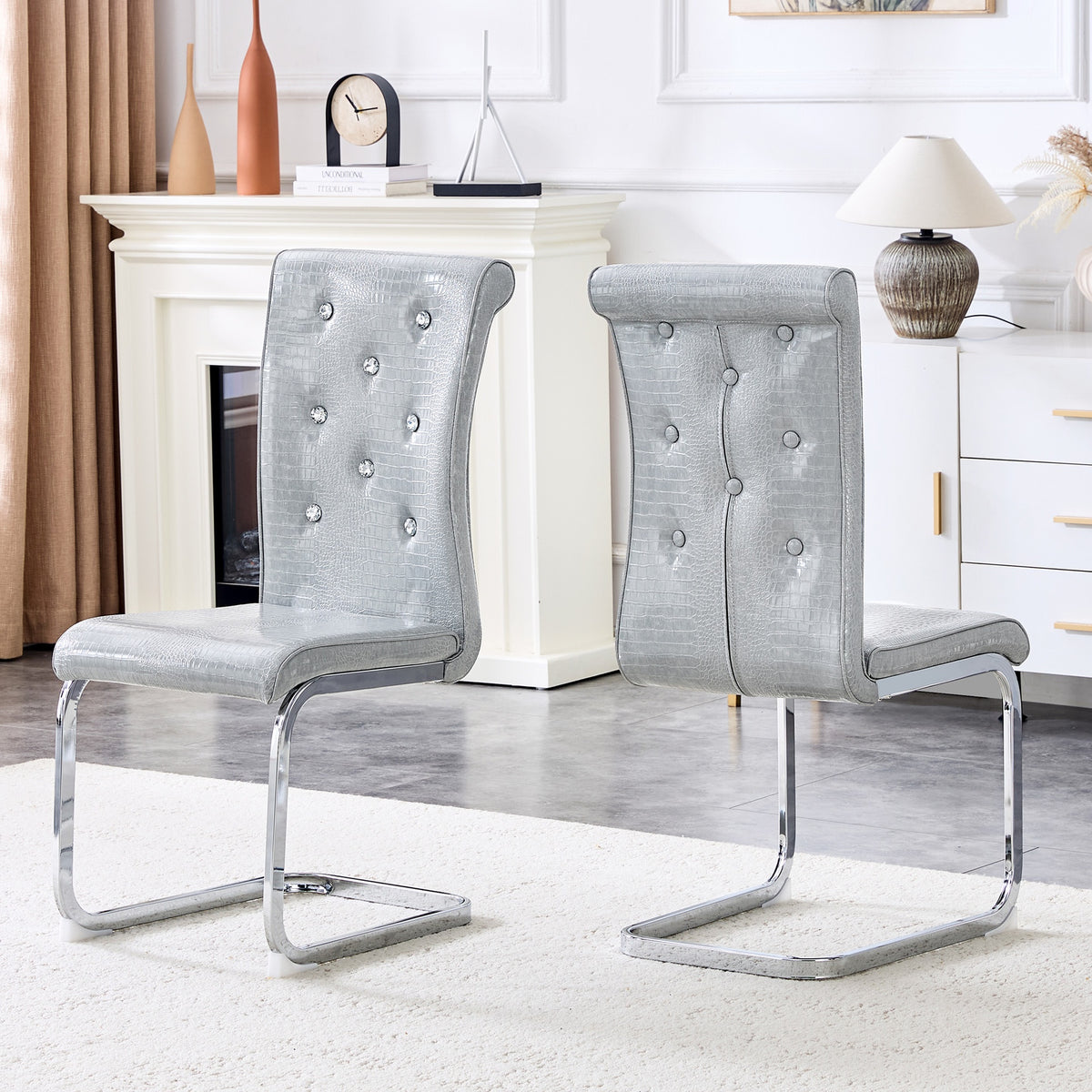 Set of 2,Retro alligator skin Upholstered dining chairs,with Crystal buckle design and Faux Leather design,a touch of elegance and mystery to the dining area,Electroplated metal bow leg