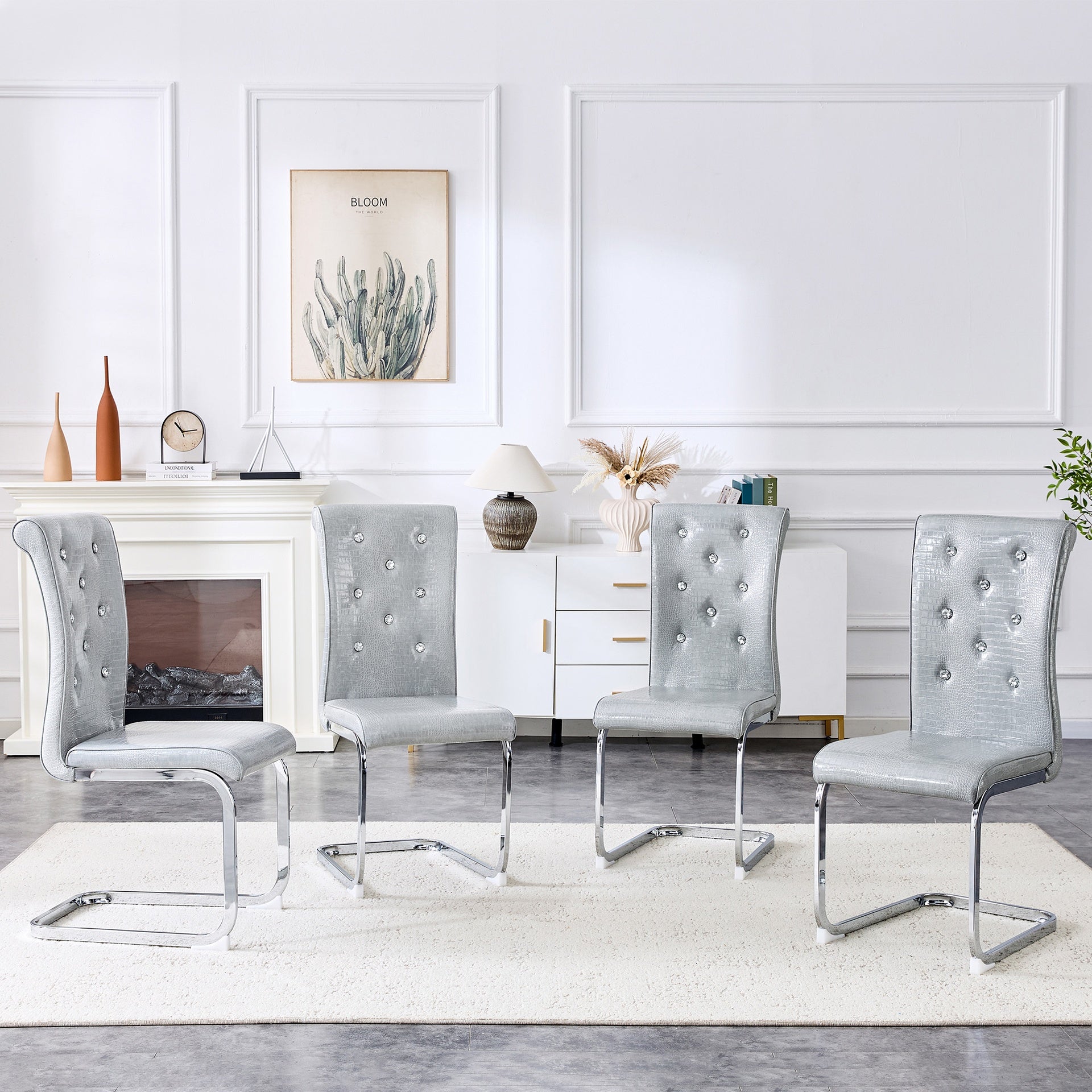 Set of 2,Retro alligator skin Upholstered dining chairs,with Crystal buckle design and Faux Leather design,a touch of elegance and mystery to the dining area,Electroplated metal bow leg