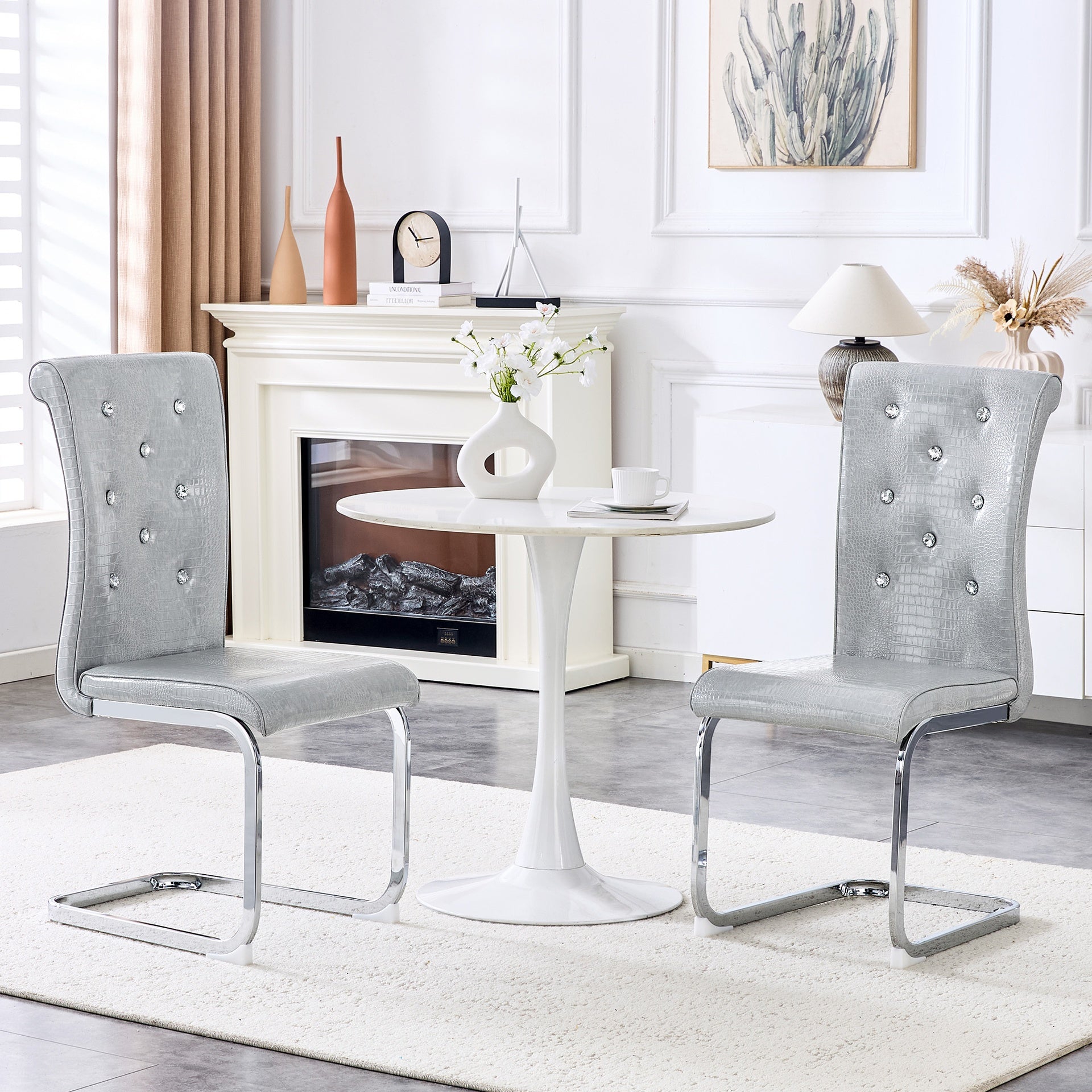 Set of 2,Retro alligator skin Upholstered dining chairs,with Crystal buckle design and Faux Leather design,a touch of elegance and mystery to the dining area,Electroplated metal bow leg