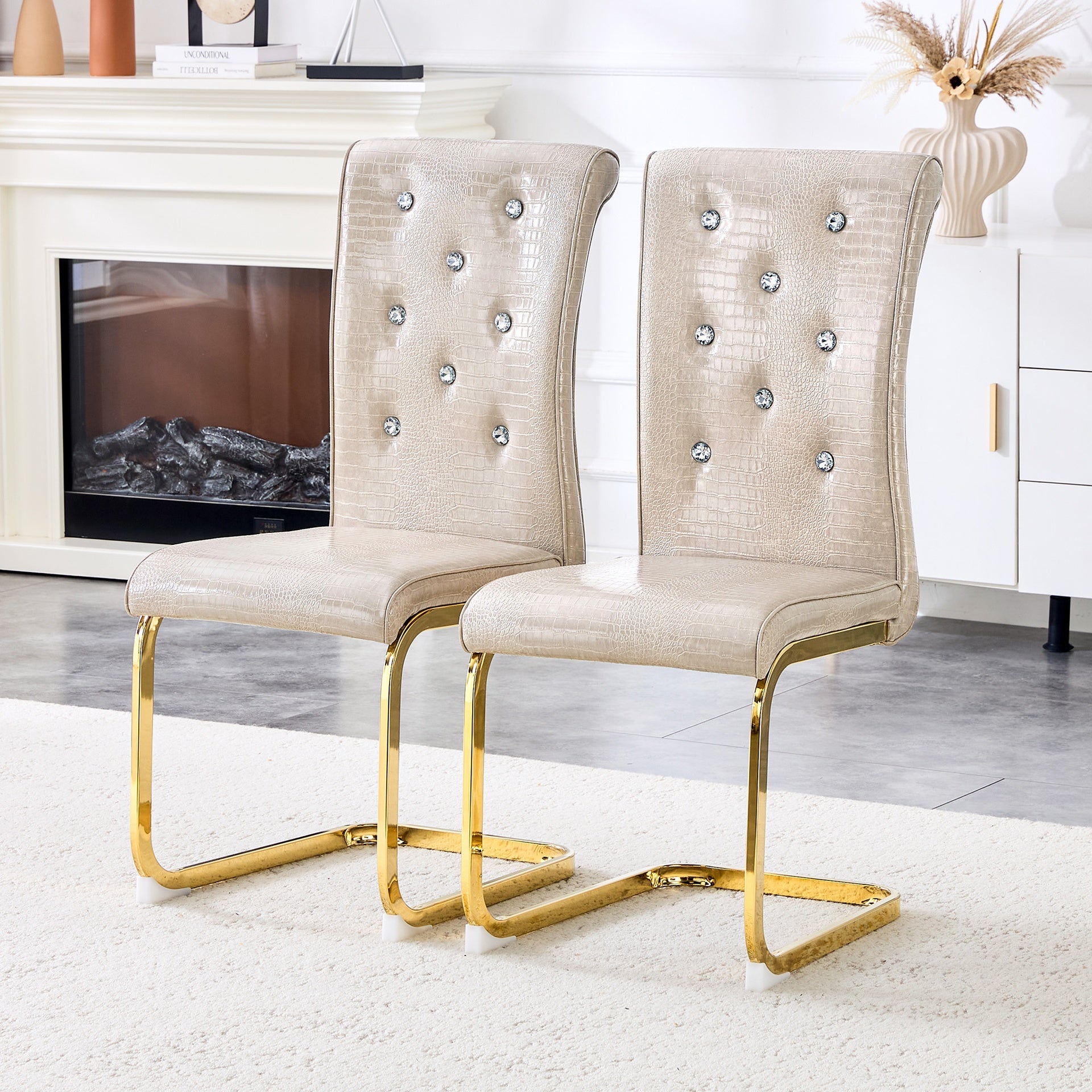 Set of 2,Retro alligator skin Upholstered dining chairs,with Crystal buckle design and Faux Leather design,a touch of elegance and mystery to the dining area,Gold plated metal bow leg