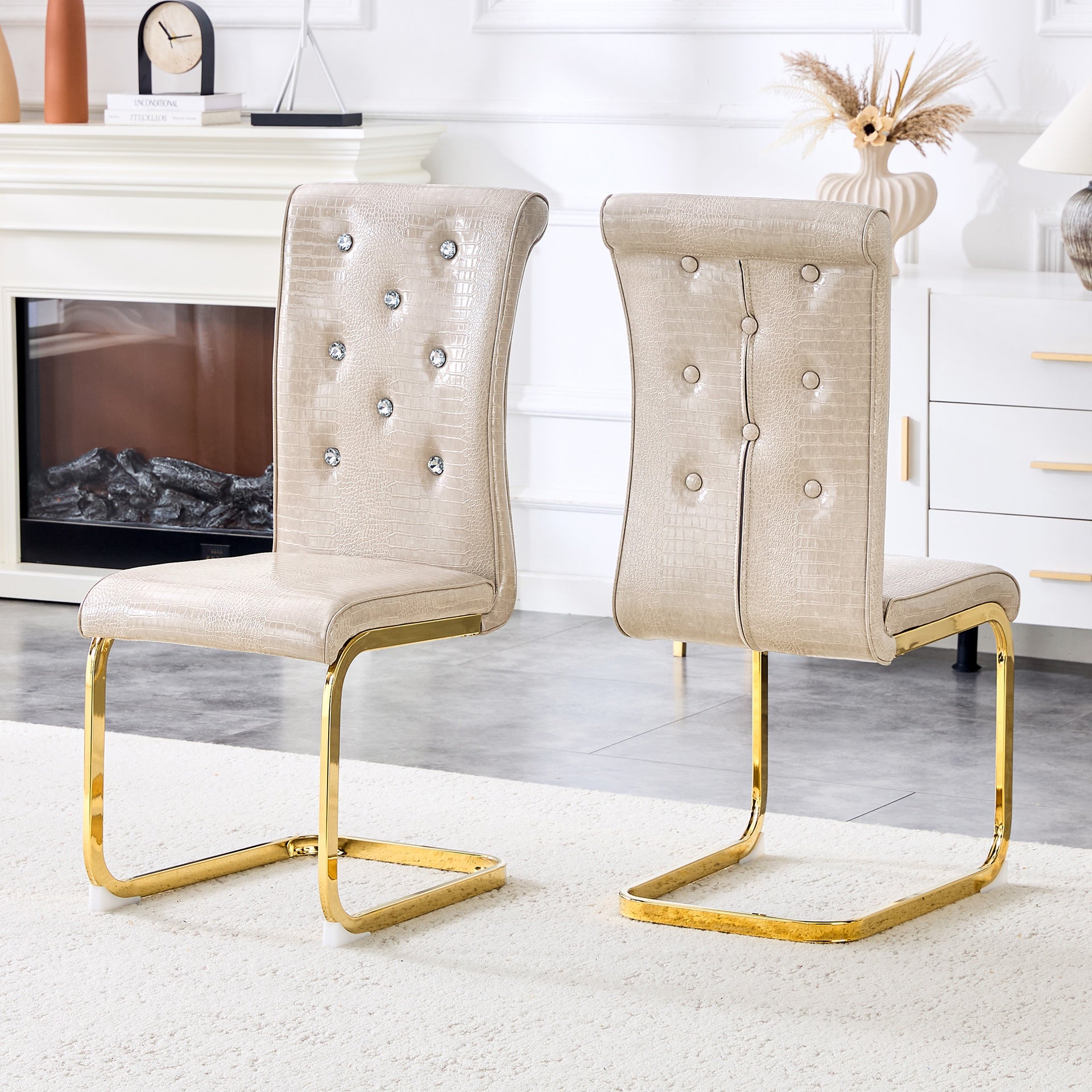 Set of 2,Retro alligator skin Upholstered dining chairs,with Crystal buckle design and Faux Leather design,a touch of elegance and mystery to the dining area,Gold plated metal bow leg