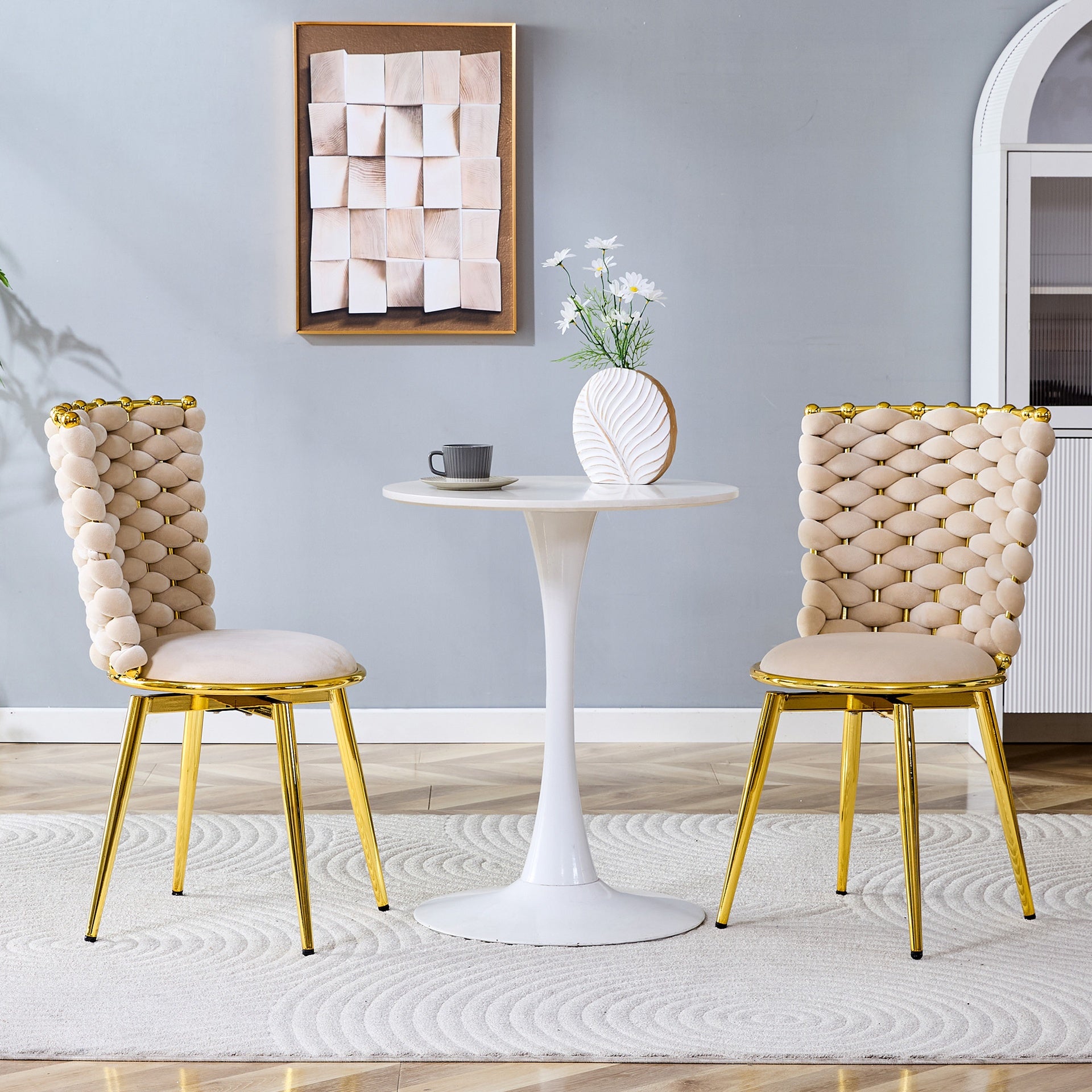 Set of 2 modern luxury velvet woven decorative dining chairs, equipped with gold metal legs and cushioned dining chairs with woven rope backrests, suitable for dining rooms, living rooms -