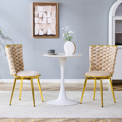 Set of 2 modern luxury velvet woven decorative dining chairs, equipped with gold metal legs and cushioned dining chairs with woven rope backrests, suitable for dining rooms, living rooms -