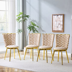 Set of 2 modern luxury velvet woven decorative dining chairs, equipped with gold metal legs and cushioned dining chairs with woven rope backrests, suitable for dining rooms, living rooms -