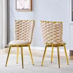 Set of 2 modern luxury velvet woven decorative dining chairs, equipped with gold metal legs and cushioned dining chairs with woven rope backrests, suitable for dining rooms, living rooms -