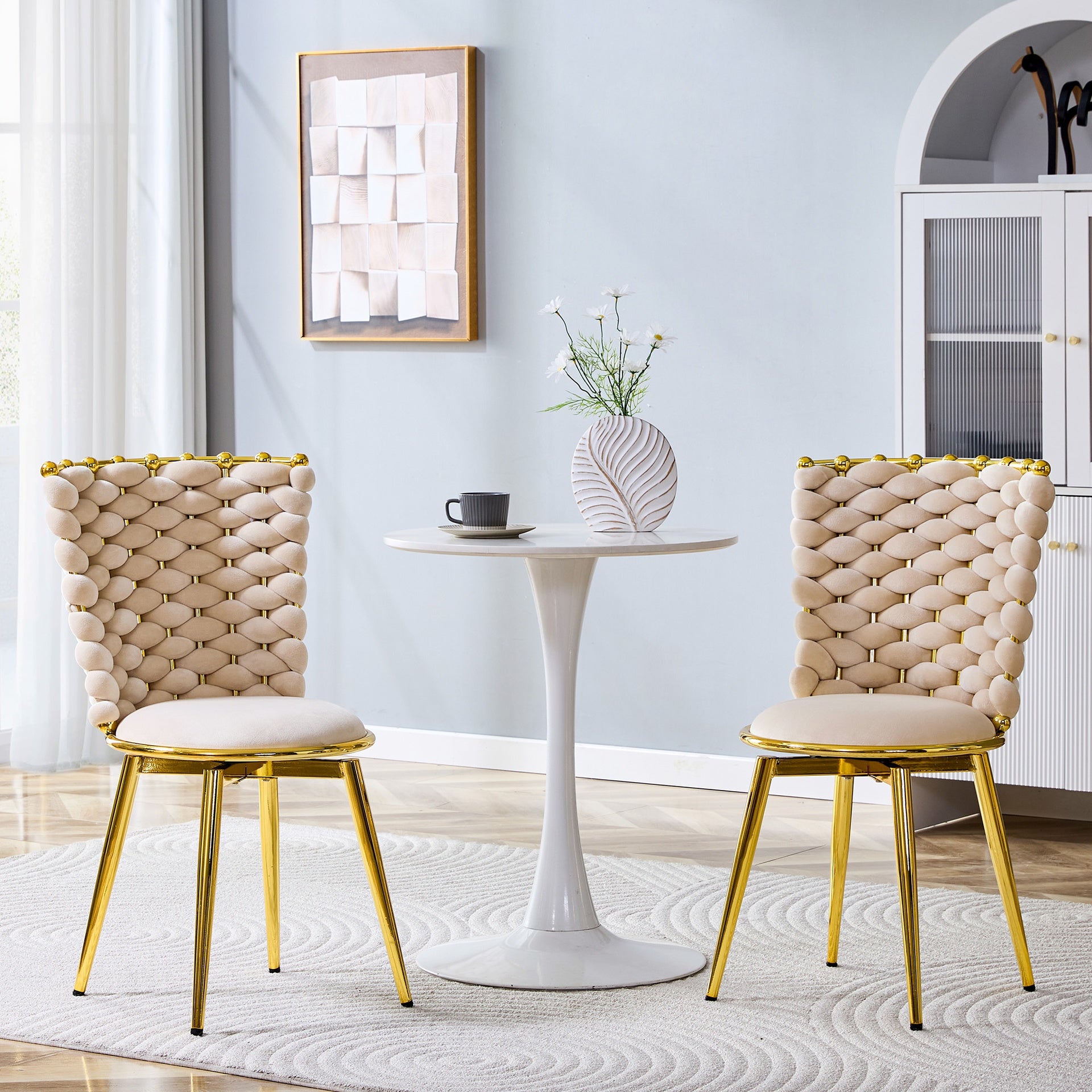 Set of 2 modern luxury velvet woven decorative dining chairs, equipped with gold metal legs and cushioned dining chairs with woven rope backrests, suitable for dining rooms, living rooms -