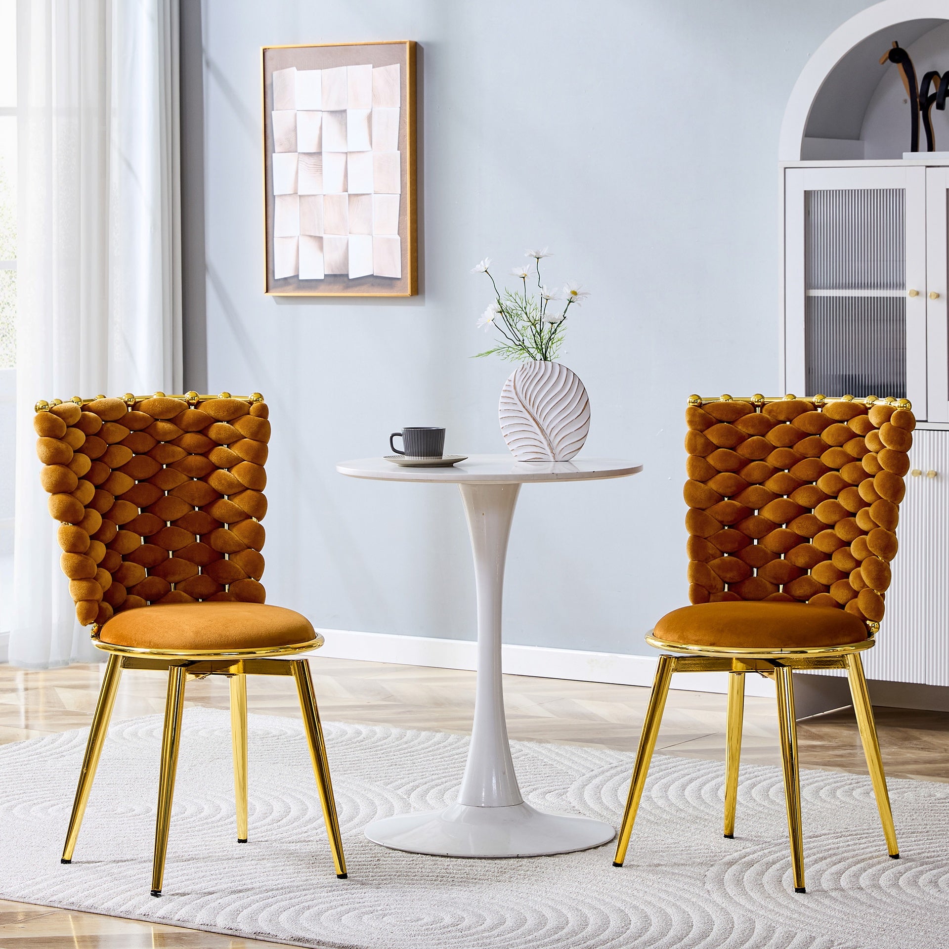 Set of 2 modern luxury velvet woven decorative dining chairs, equipped with gold metal legs and cushioned dining chairs with woven rope backrests, suitable for dining rooms, living rooms -Orange